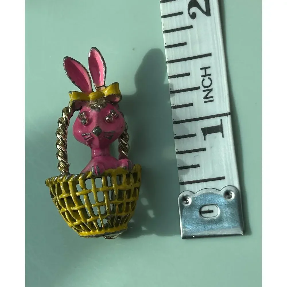 Vintage Hand-Painted Enamel Bunny in Basket Brooch | Easter Pink Rabbit Pin